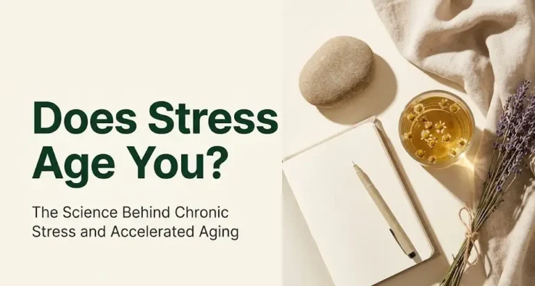 Does stress age you banner showing calming wellness objects and science-based stress aging headline text