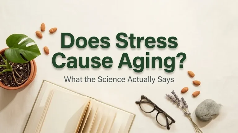 Does stress cause aging editorial hero image with book, glasses, plant, and calming objects on cream linen background with deep green typography.