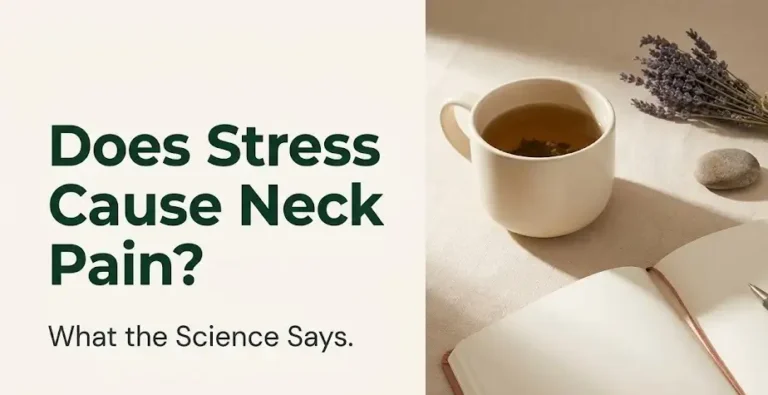 Does stress cause neck pain illustration showing calming wellness items with science-based article headline text overlay on cream background.