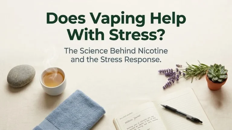 Does vaping help with stress hero image with chamomile tea, lavender, succulent and river stone on cream linen with forest green typography.