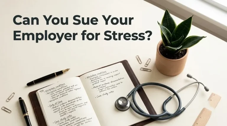 Editorial flat-lay image with journal and medical documentation for the article Can You Sue Your Employer for Stress.