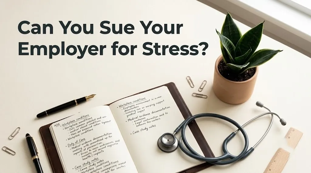 Editorial flat-lay image with journal and medical documentation for the article Can You Sue Your Employer for Stress.