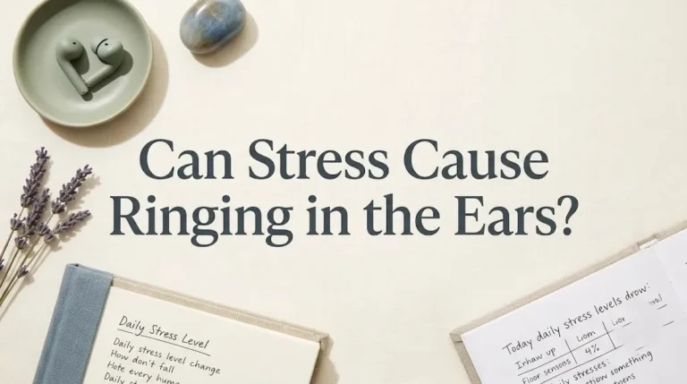 Flat-lay hero image with text Can Stress Cause Ringing in the Ears over calming wellness objects including an earbud.