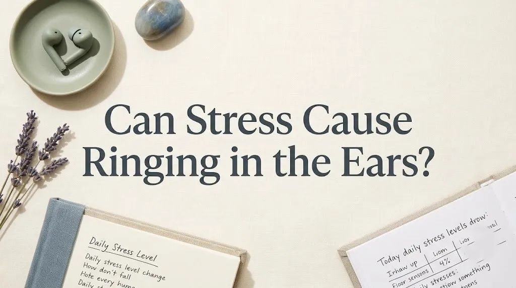 Flat-lay hero image with text Can Stress Cause Ringing in the Ears over calming wellness objects including an earbud.