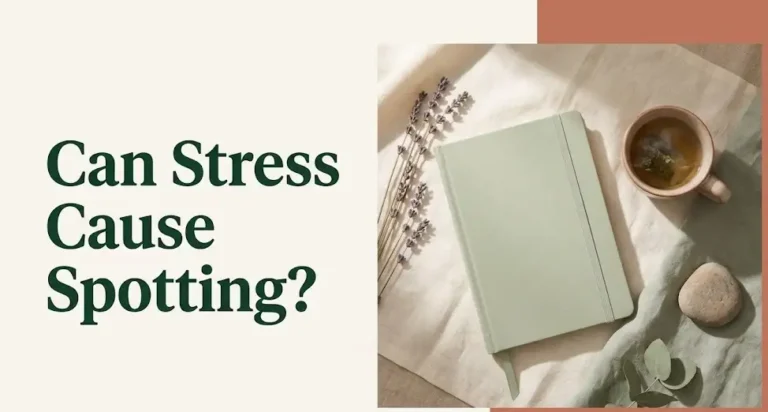 Flat lay wellness banner with the text Can Stress Cause Spotting on a soft off-white background with sage and herbal elements.