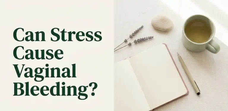 Flat-lay wellness editorial with text Can Stress Cause Vaginal Bleeding over journal, lavender, and herbal tea on cream background.