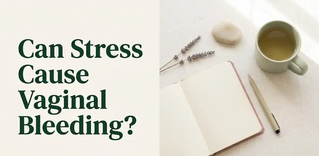 Flat-lay wellness editorial with text Can Stress Cause Vaginal Bleeding over journal, lavender, and herbal tea on cream background.