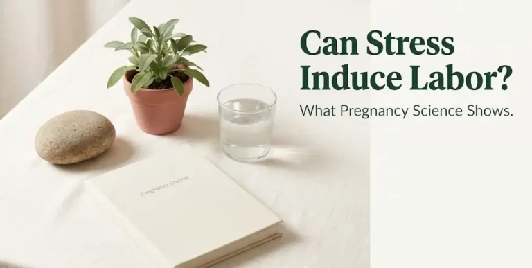 Flat-lay wellness scene with pregnancy journal and plant beside text reading Can Stress Induce Labor on cream background