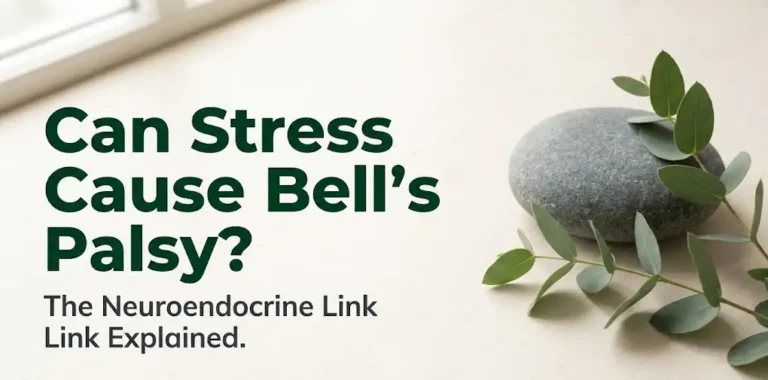 Hero banner asking can stress cause Bell's palsy, with calming stones and eucalyptus on a cream surface, explaining the neuroendocrine link.