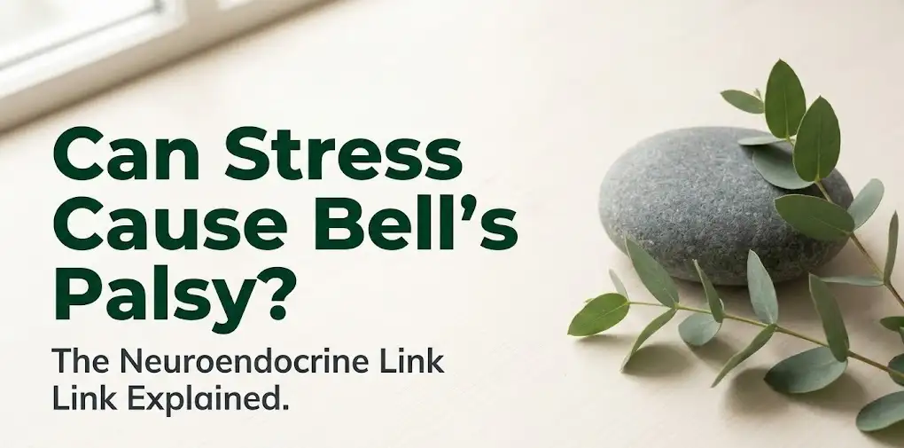 Hero banner asking can stress cause Bell's palsy, with calming stones and eucalyptus on a cream surface, explaining the neuroendocrine link.