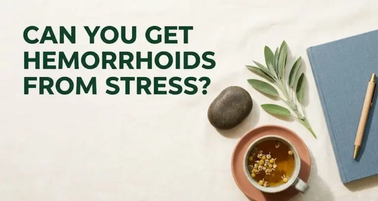 Hero banner for article Can You Get Hemorrhoids From Stress with calming wellness objects on cream background suggesting digestive health and stress relief topics.