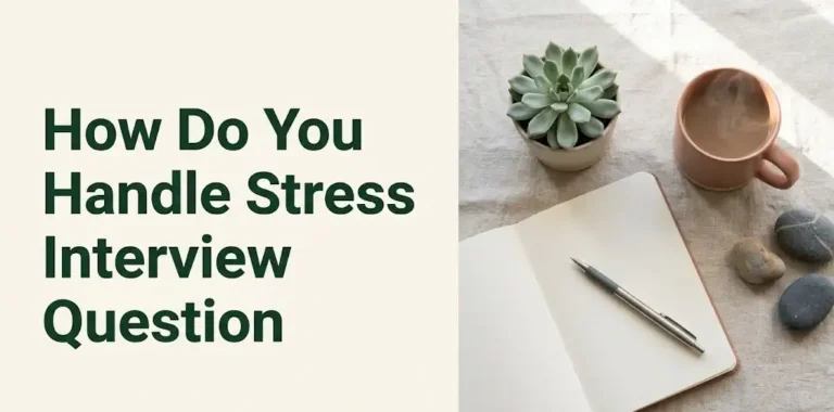 How do you handle stress interview question guide with journal, plant, and calming workspace flat-lay editorial image