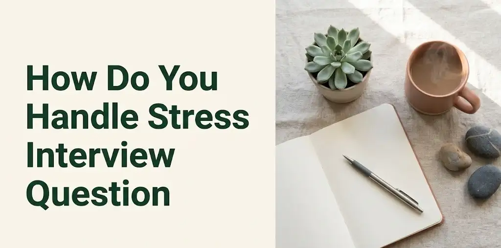 How do you handle stress interview question guide with journal, plant, and calming workspace flat-lay editorial image