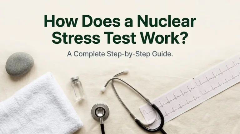 How does a nuclear stress test work hero image with stethoscope and river stone on cream linen with forest green typography.