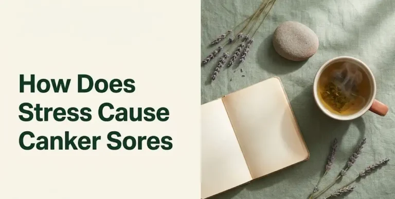 How does stress cause canker sores concept image with calming journal and herbal tea flat-lay and headline text overlay