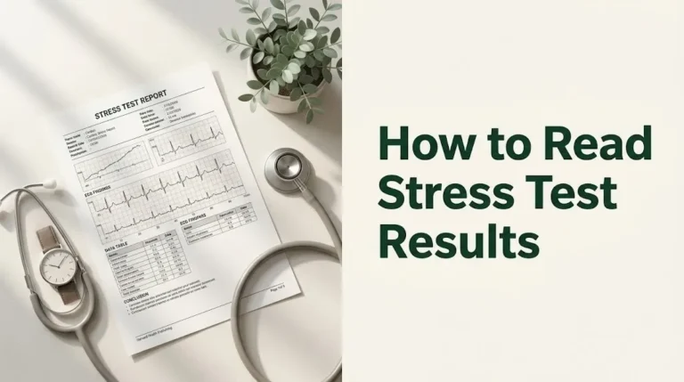 How to Read Stress Test Results hero banner with cardiac stress test report and plant on warm off-white background.