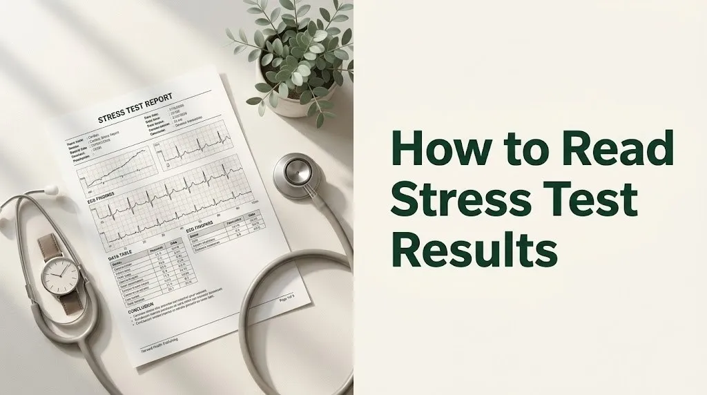 How to Read Stress Test Results hero banner with cardiac stress test report and plant on warm off-white background.