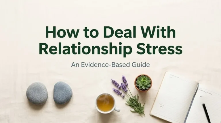 How to deal with relationship stress hero image with two river stones, and succulent on cream linen with forest green typography.