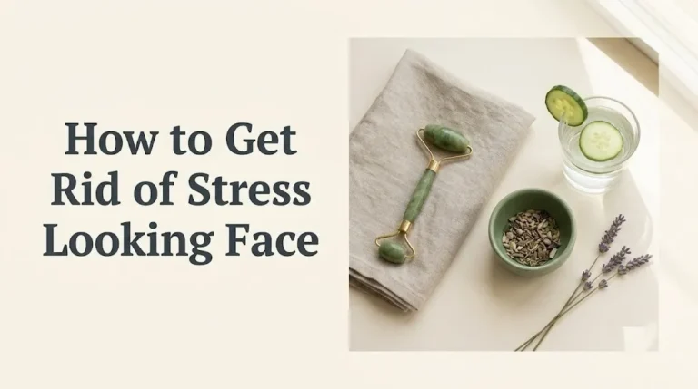 How to get rid of stress looking face article hero banner with headline text and calming facial with jade roller and cucumber water.