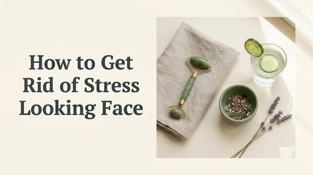 How to get rid of stress looking face article hero banner with headline text and calming facial with jade roller and cucumber water.