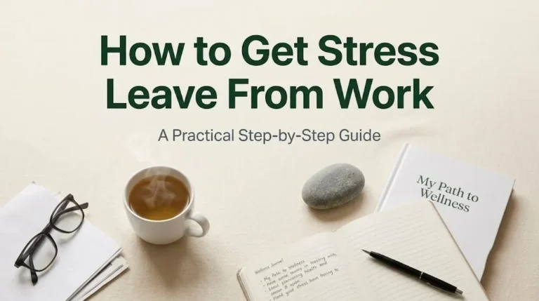 How to get stress leave from work hero image with journal and documentation papers on cream linen with forest green typography.