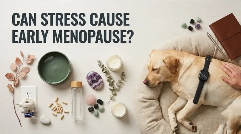 Image with a digital health tracker and journal on a cream background, illustrating the question can stress cause early menopause.
