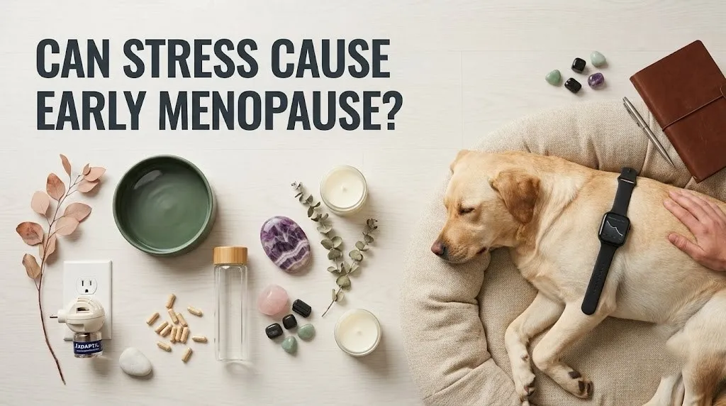 Image with a digital health tracker and journal on a cream background, illustrating the question can stress cause early menopause.