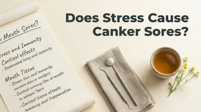 Image with dental instruments and chamomile representing scientific explanation of whether stress causes canker sores for the article.