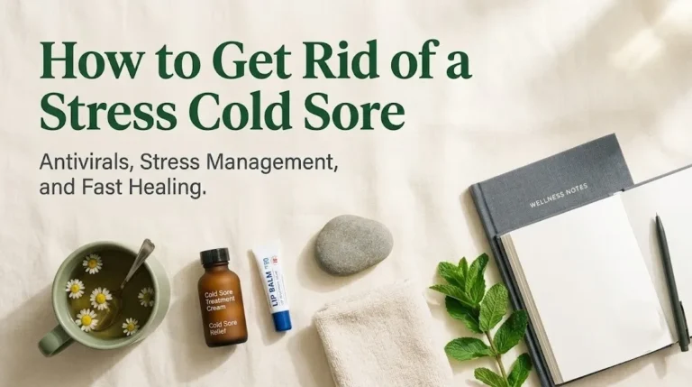 Lip care and wellness items with How to Get Rid of a Stress Cold Sore headline, banner for stress cold sore treatment article.