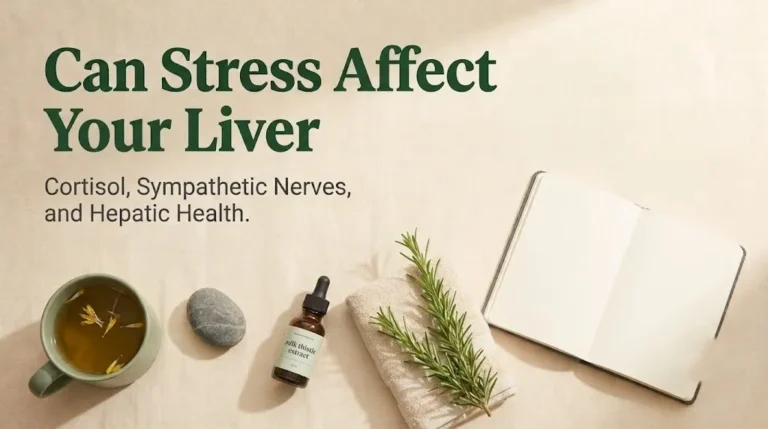Liver wellness items with Can Stress Affect Your Liver headline, editorial banner for stress and hepatic health article.