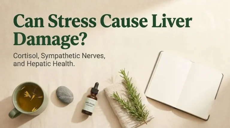 Liver wellness items with Can Stress Cause Liver Damage headline, editorial banner for stress and liver health article.