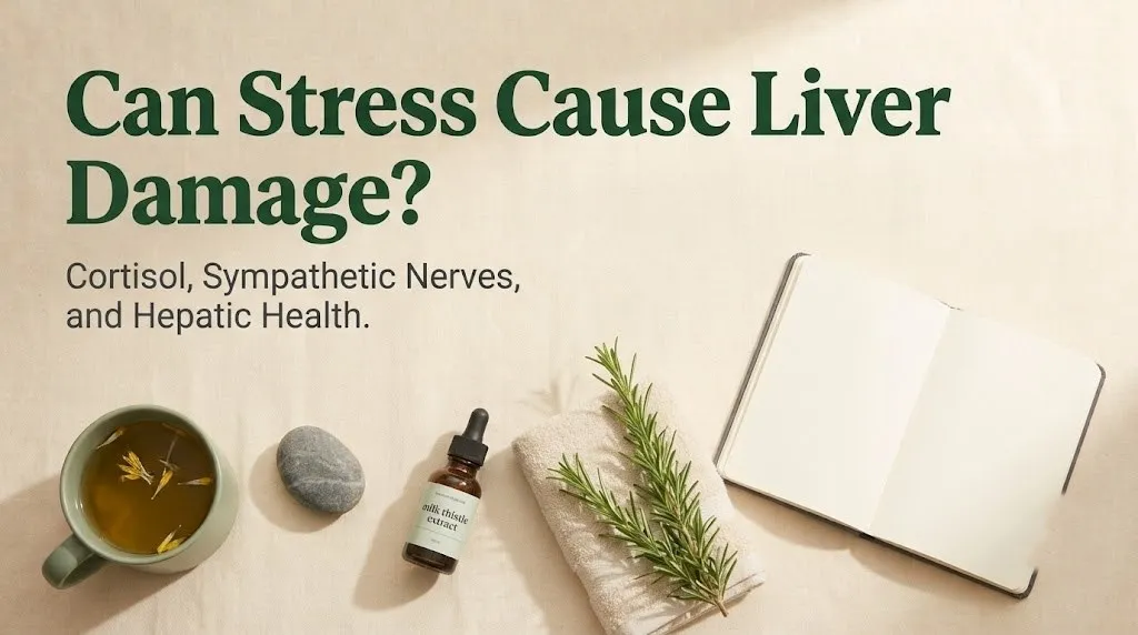 Liver wellness items with Can Stress Cause Liver Damage headline, editorial banner for stress and liver health article.