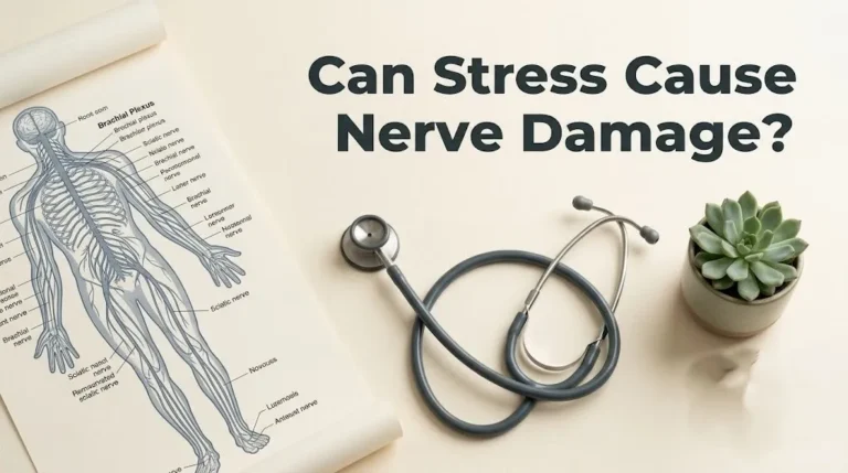 Medical flat-lay image with peripheral nerve diagram and stethoscope exploring the question can stress cause nerve damage for the article.