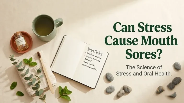 Oral wellness items with Can Stress Cause Mouth Sores headline banner for stress and mouth sores explainer article.