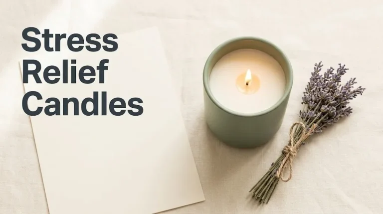 Overhead flat-lay image with lit soy candle and dried lavender representing an evidence-based assessment of stress relief candles for the article.
