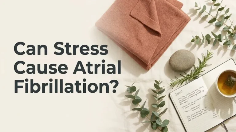 Overhead flat-lay of calming heart health objects with article headline Can Stress Cause Atrial Fibrillation editorial style.
