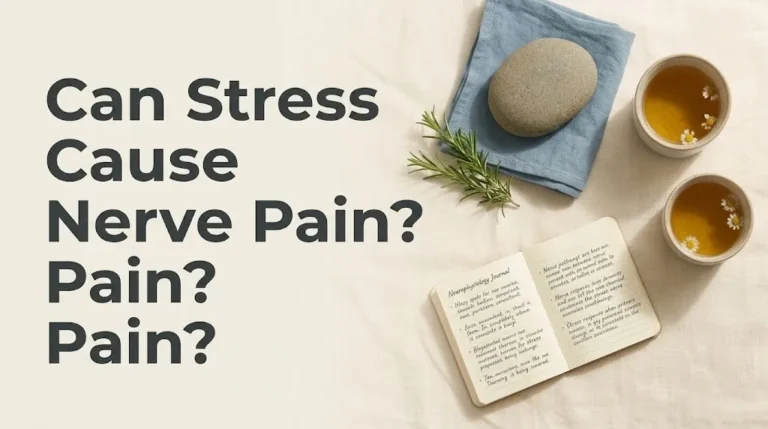 Overhead flat-lay of calming nerve health and stress relief objects with article headline Can Stress Cause Nerve Pain editorial style.