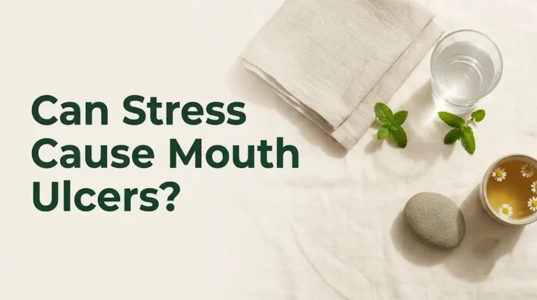 Overhead flat-lay of calming oral health and stress relief objects with article headline Can Stress Cause Mouth Ulcers editorial style.