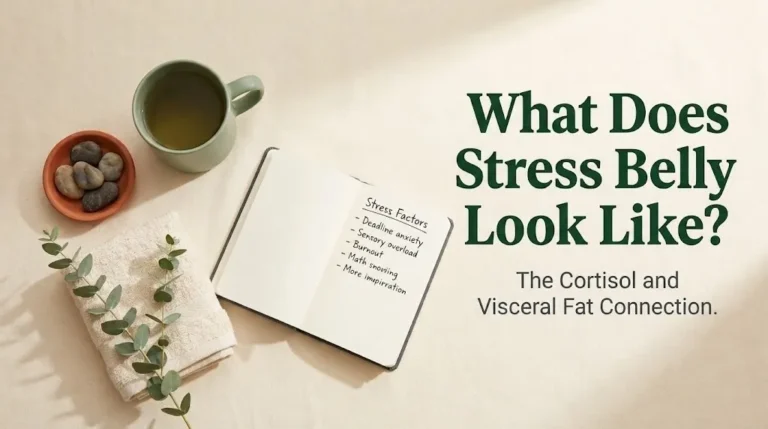 Overhead flat-lay of calming wellness items with What Does Stress Belly Look Like banner for stress belly explainer article.
