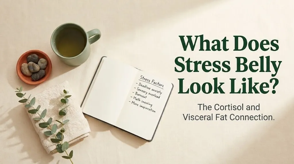 Overhead flat-lay of calming wellness items with What Does Stress Belly Look Like banner for stress belly explainer article.
