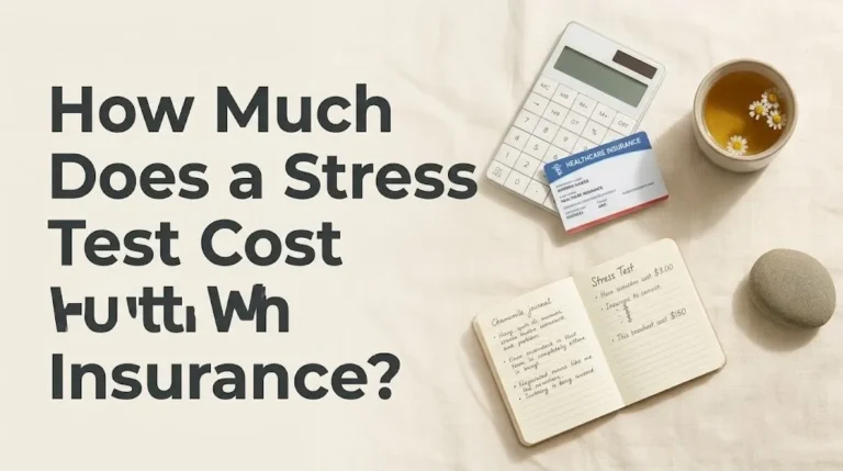 Overhead flat-lay of healthcare cost planning objects with article title How Much Does a Stress Test Cost With Insurance editorial style.