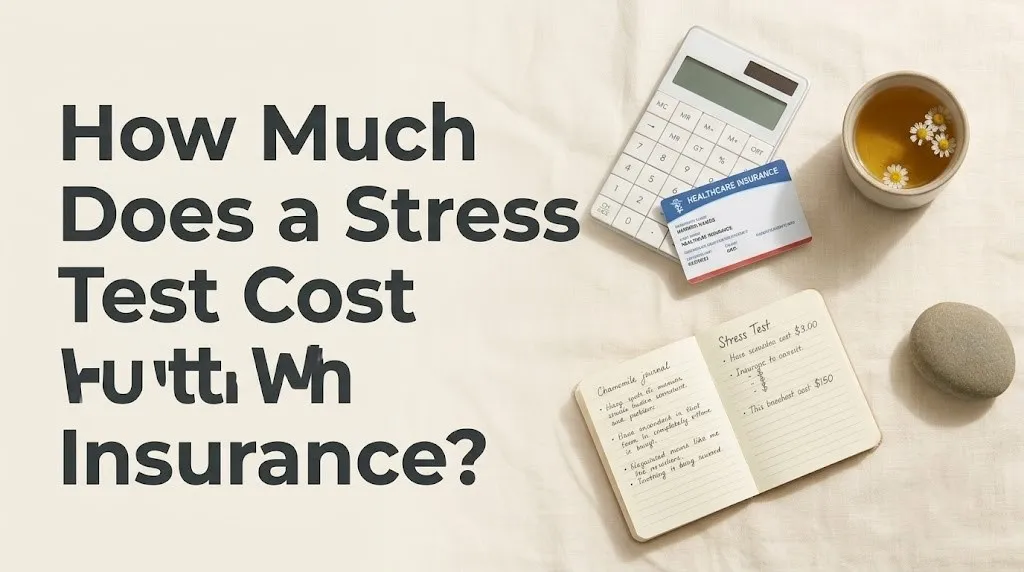 Overhead flat-lay of healthcare cost planning objects with article title How Much Does a Stress Test Cost With Insurance editorial style.
