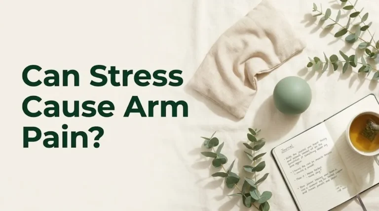 Overhead flat-lay of stress relief items with headline text Can Stress Cause Arm Pain on a calm cream background, editorial style.