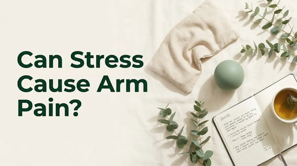Overhead flat-lay of stress relief items with headline text Can Stress Cause Arm Pain on a calm cream background, editorial style.
