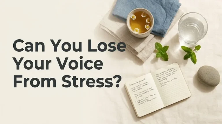 Overhead flat-lay of vocal health and stress relief objects with article headline Can You Lose Your Voice From Stress editorial style.