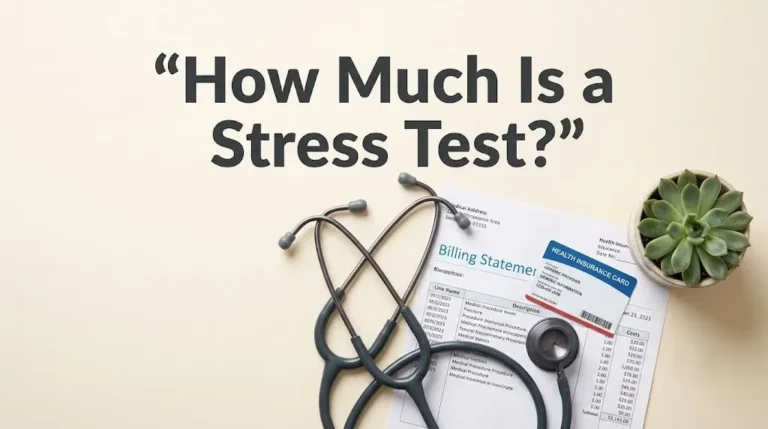 Overhead flat-lay showing how much is a stress test headline with stethoscope and insurance documents on cream background.