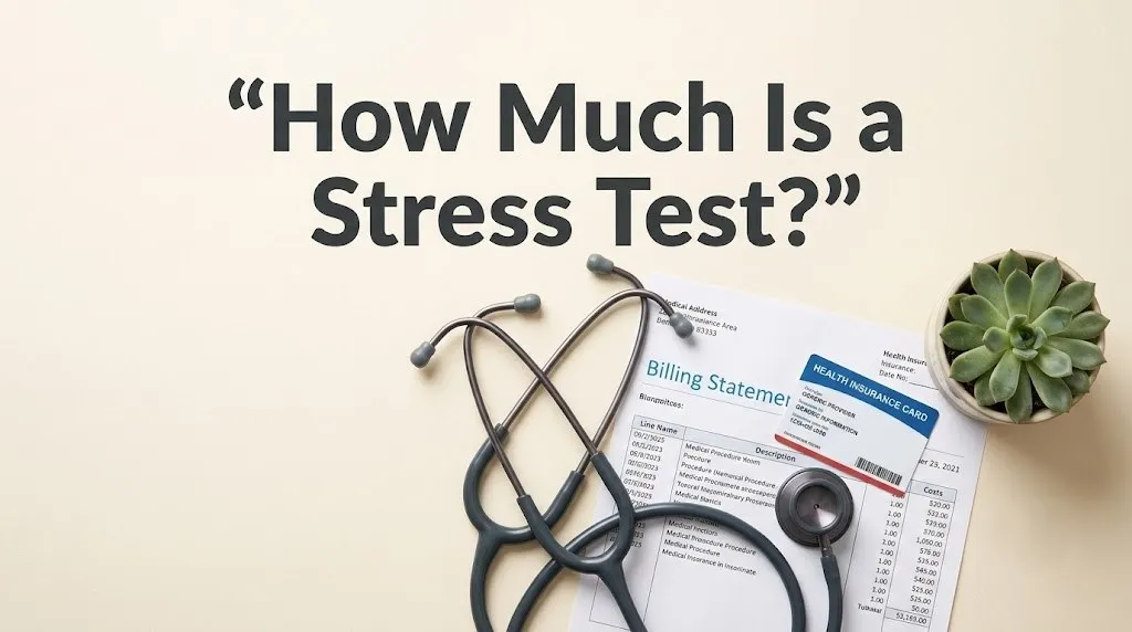 Overhead flat-lay showing how much is a stress test headline with stethoscope and insurance documents on cream background.