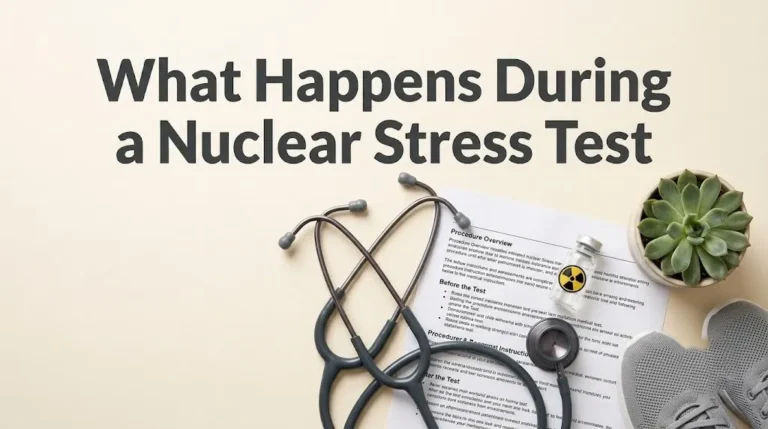 Overhead flat-lay showing what happens during a nuclear stress test headline with stethoscope and medical items on cream background.