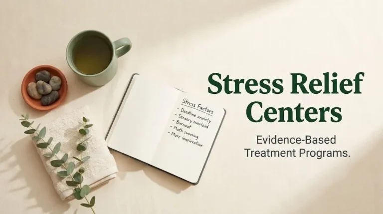 Overhead view of calming wellness objects with Stress Relief Centers headline banner for professional stress treatment article.