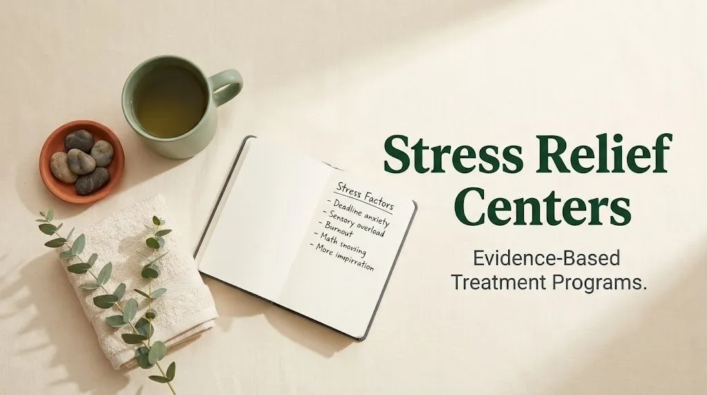 Overhead view of calming wellness objects with Stress Relief Centers headline banner for professional stress treatment article.
